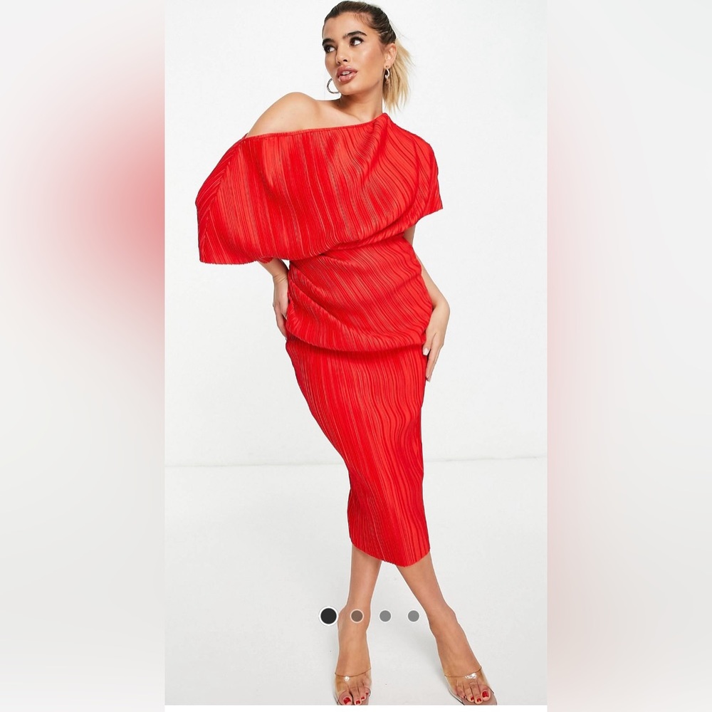 ASOS Design red plisse off shoulder dress